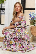 ADORA Layered Floral Off - Shoulder Short Sleeve Maxi Dress - Your Second Look