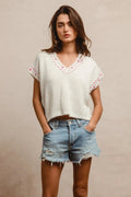 BiBi Knit Solid Contrast Stitch Detail Short Sleeves Sweater - Your Second Look