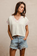 BiBi Knit Solid Contrast Stitch Detail Short Sleeves Sweater - Your Second Look