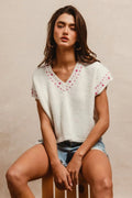 BiBi Knit Solid Contrast Stitch Detail Short Sleeves Sweater - Your Second Look