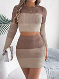 Color Block Ribbed Knit Top and Skirt Sweater Set - Your Second Look