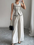 Contrast Piping Round Neck Top and Wide - Leg Pants Set - Your Second Look