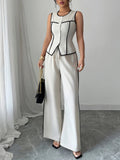 Contrast Piping Round Neck Top and Wide - Leg Pants Set - Your Second Look