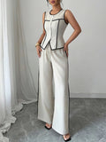 Contrast Piping Round Neck Top and Wide - Leg Pants Set - Your Second Look