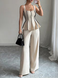 Contrast Piping Top and Wide Leg Pants Set - Your Second Look