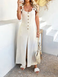 Devine Button Front Knotted Strap Wide Leg Jumpsuit - Your Second Look