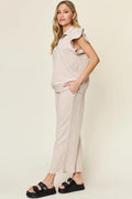 Double Take Texture Ruffle Short Sleeve Top and Drawstring Wide Leg Pants Set - Your Second Look