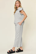 Double Take Texture Ruffle Short Sleeve Top and Drawstring Wide Leg Pants Set - Your Second Look