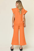 Double Take Texture Ruffle Short Sleeve Top and Drawstring Wide Leg Pants Set - Your Second Look