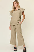 Double Take Texture Ruffle Short Sleeve Top and Drawstring Wide Leg Pants Set - Your Second Look