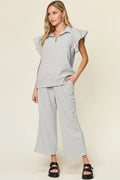 Double Take Texture Ruffle Short Sleeve Top and Drawstring Wide Leg Pants Set - Your Second Look