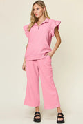 Double Take Texture Ruffle Short Sleeve Top and Drawstring Wide Leg Pants Set - Your Second Look