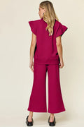 Double Take Texture Ruffle Short Sleeve Top and Drawstring Wide Leg Pants Set - Your Second Look