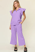 Double Take Texture Ruffle Short Sleeve Top and Drawstring Wide Leg Pants Set - Your Second Look