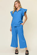 Double Take Texture Ruffle Short Sleeve Top and Drawstring Wide Leg Pants Set - Your Second Look