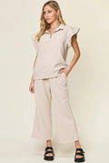 Double Take Texture Ruffle Short Sleeve Top and Drawstring Wide Leg Pants Set - Your Second Look