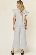 Double Take Texture Ruffle Short Sleeve Top and Drawstring Wide Leg Pants Set - Your Second Look