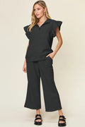 Double Take Texture Ruffle Short Sleeve Top and Drawstring Wide Leg Pants Set - Your Second Look