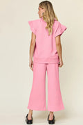Double Take Texture Ruffle Short Sleeve Top and Drawstring Wide Leg Pants Set - Your Second Look
