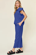 Double Take Texture Ruffle Short Sleeve Top and Drawstring Wide Leg Pants Set - Your Second Look