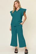 Double Take Texture Ruffle Short Sleeve Top and Drawstring Wide Leg Pants Set - Your Second Look