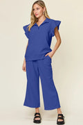 Double Take Texture Ruffle Short Sleeve Top and Drawstring Wide Leg Pants Set - Your Second Look