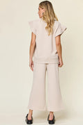 Double Take Texture Ruffle Short Sleeve Top and Drawstring Wide Leg Pants Set - Your Second Look
