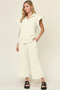 Double Take Texture Ruffle Short Sleeve Top and Drawstring Wide Leg Pants Set - Your Second Look