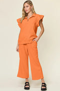 Double Take Texture Ruffle Short Sleeve Top and Drawstring Wide Leg Pants Set - Your Second Look