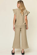Double Take Texture Ruffle Short Sleeve Top and Drawstring Wide Leg Pants Set - Your Second Look