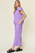 Double Take Texture Ruffle Short Sleeve Top and Drawstring Wide Leg Pants Set - Your Second Look
