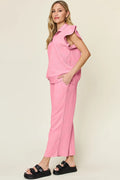Double Take Texture Ruffle Short Sleeve Top and Drawstring Wide Leg Pants Set - Your Second Look
