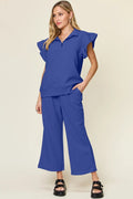 Double Take Texture Ruffle Short Sleeve Top and Drawstring Wide Leg Pants Set - Your Second Look