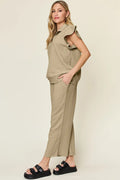 Double Take Texture Ruffle Short Sleeve Top and Drawstring Wide Leg Pants Set - Your Second Look