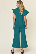 Double Take Texture Ruffle Short Sleeve Top and Drawstring Wide Leg Pants Set - Your Second Look