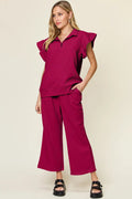 Double Take Texture Ruffle Short Sleeve Top and Drawstring Wide Leg Pants Set - Your Second Look