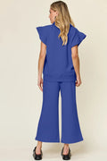 Double Take Texture Ruffle Short Sleeve Top and Drawstring Wide Leg Pants Set - Your Second Look