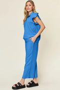 Double Take Texture Ruffle Short Sleeve Top and Drawstring Wide Leg Pants Set - Your Second Look
