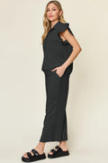 Double Take Texture Ruffle Short Sleeve Top and Drawstring Wide Leg Pants Set - Your Second Look
