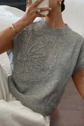 Flower Pattern Ribbed Trim Short Sleeve Boxy Sweater - Your Second Look