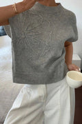 Flower Pattern Ribbed Trim Short Sleeve Boxy Sweater - Your Second Look