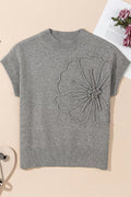 Flower Pattern Ribbed Trim Short Sleeve Boxy Sweater - Your Second Look