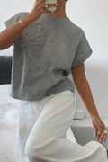 Flower Pattern Ribbed Trim Short Sleeve Boxy Sweater - Your Second Look