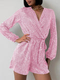 Full Size Sequin Surplice Tie Waist Long Sleeve Romper - Your Second Look