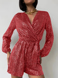 Full Size Sequin Surplice Tie Waist Long Sleeve Romper - Your Second Look
