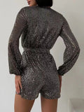 Full Size Sequin Surplice Tie Waist Long Sleeve Romper - Your Second Look