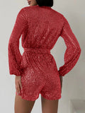 Full Size Sequin Surplice Tie Waist Long Sleeve Romper - Your Second Look