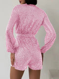 Full Size Sequin Surplice Tie Waist Long Sleeve Romper - Your Second Look