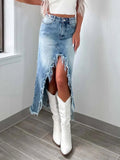High-Waist Raw Hem Asymmetry Denim Skirt - Your Second Look