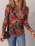 Multicolour Floral Print Lettuce Trim Long Sleeve Mesh Top - Your Second Look